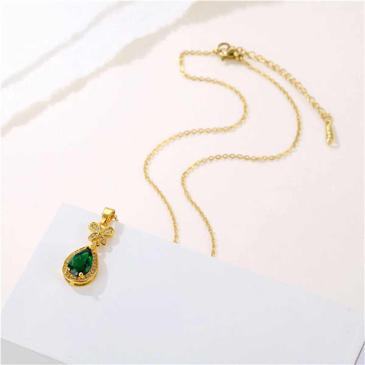 Green Crystal & Cubic Zirconia Butterfly Drop Pendant Necklace