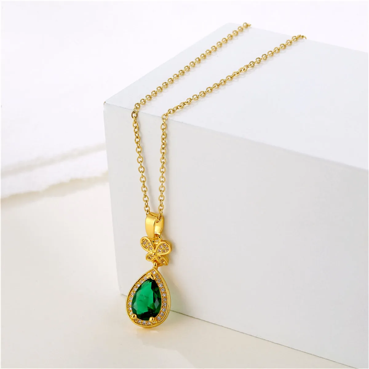 Green Crystal & Cubic Zirconia Butterfly Drop Pendant Necklace