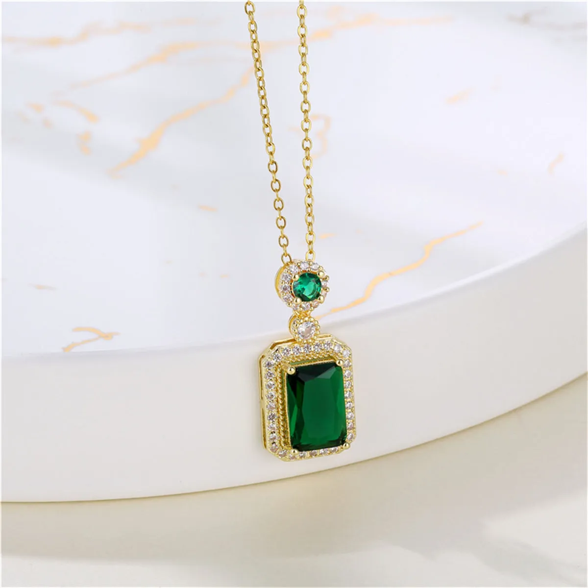 Green Crystal & Cubic Zirconia Rectangle Pendant Necklace