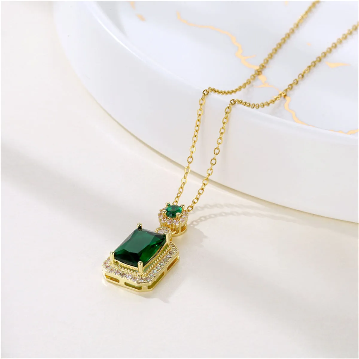 Green Crystal & Cubic Zirconia Rectangle Pendant Necklace
