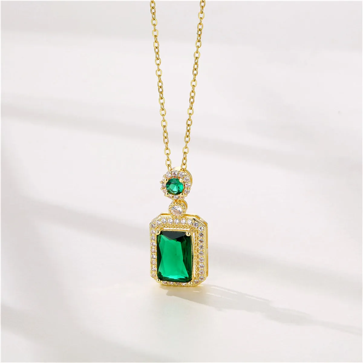 Green Crystal & Cubic Zirconia Rectangle Pendant Necklace
