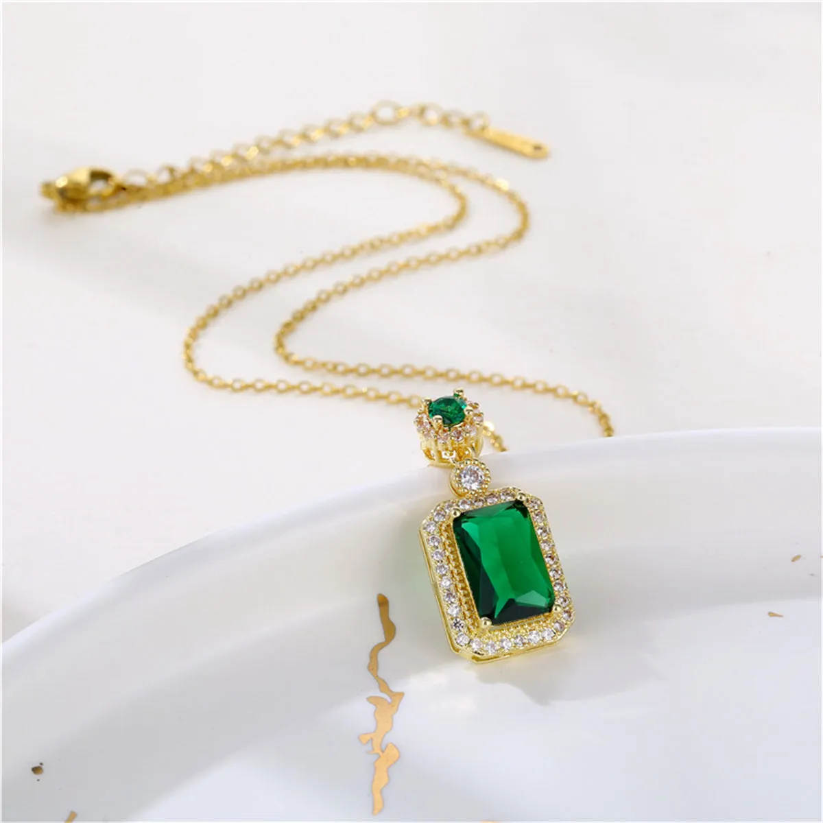 Green Crystal & Cubic Zirconia Rectangle Pendant Necklace