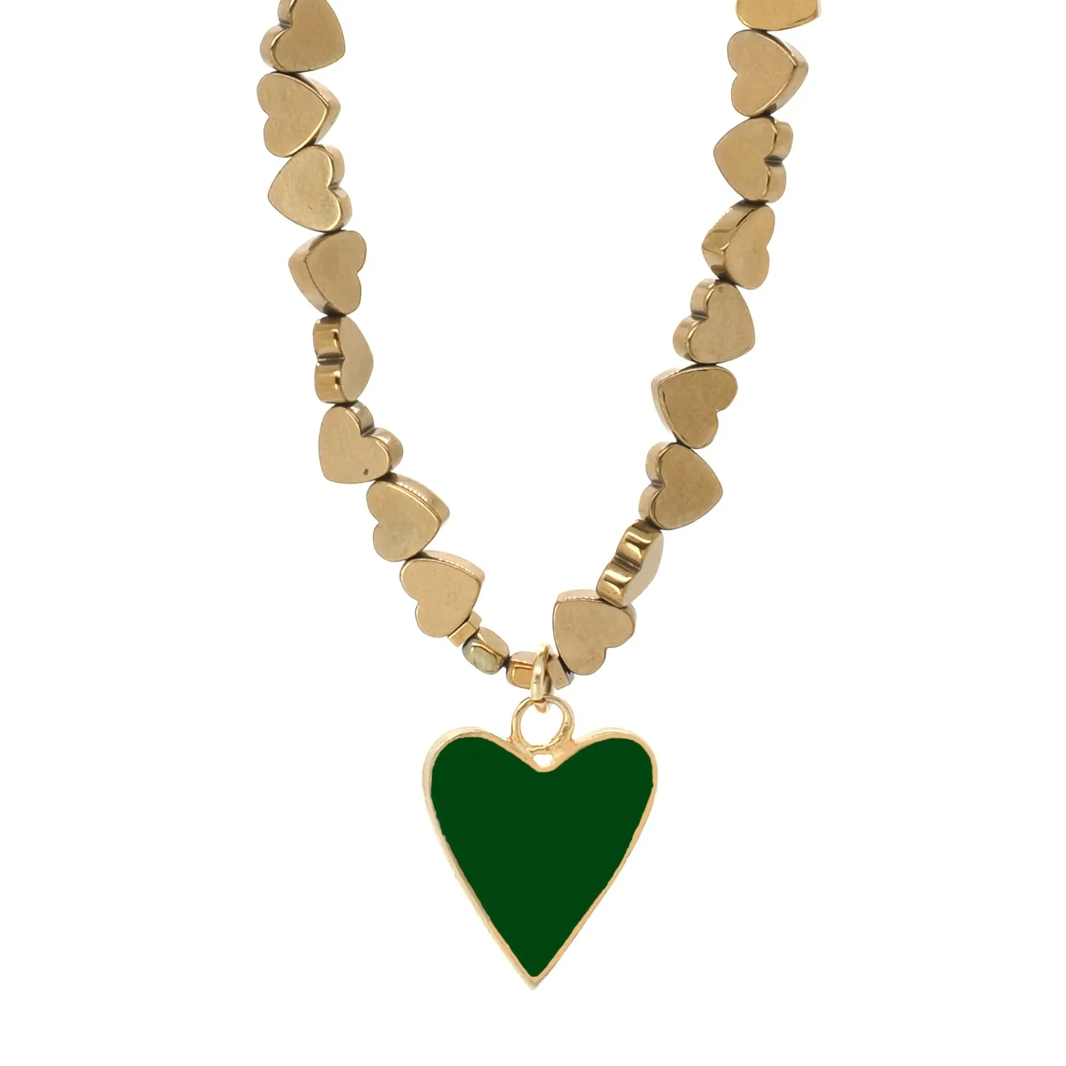 Green Heart Pendant Gold Hematite Stone Heart Shape Chain Necklace