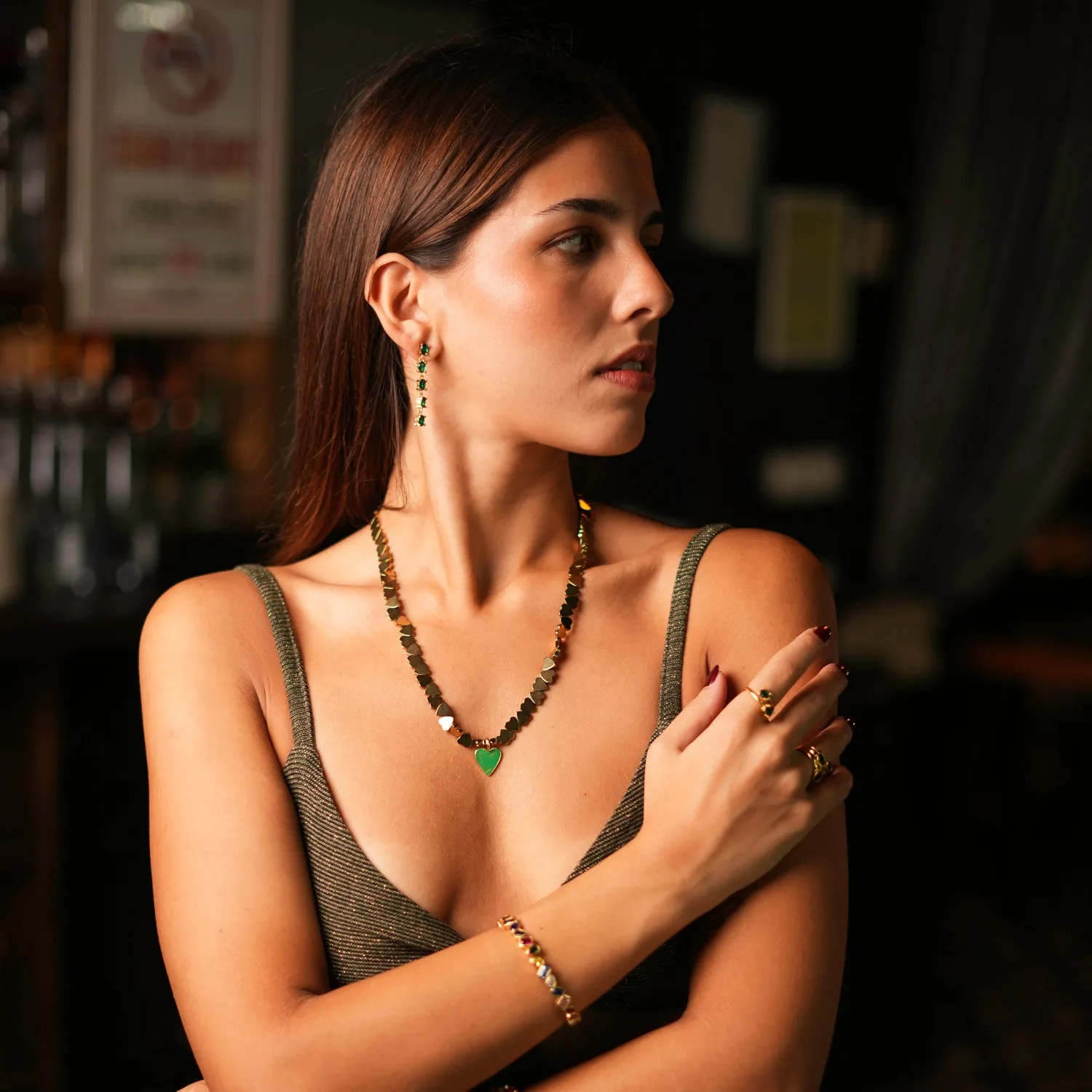 Green Heart Pendant Gold Hematite Stone Heart Shape Chain Necklace