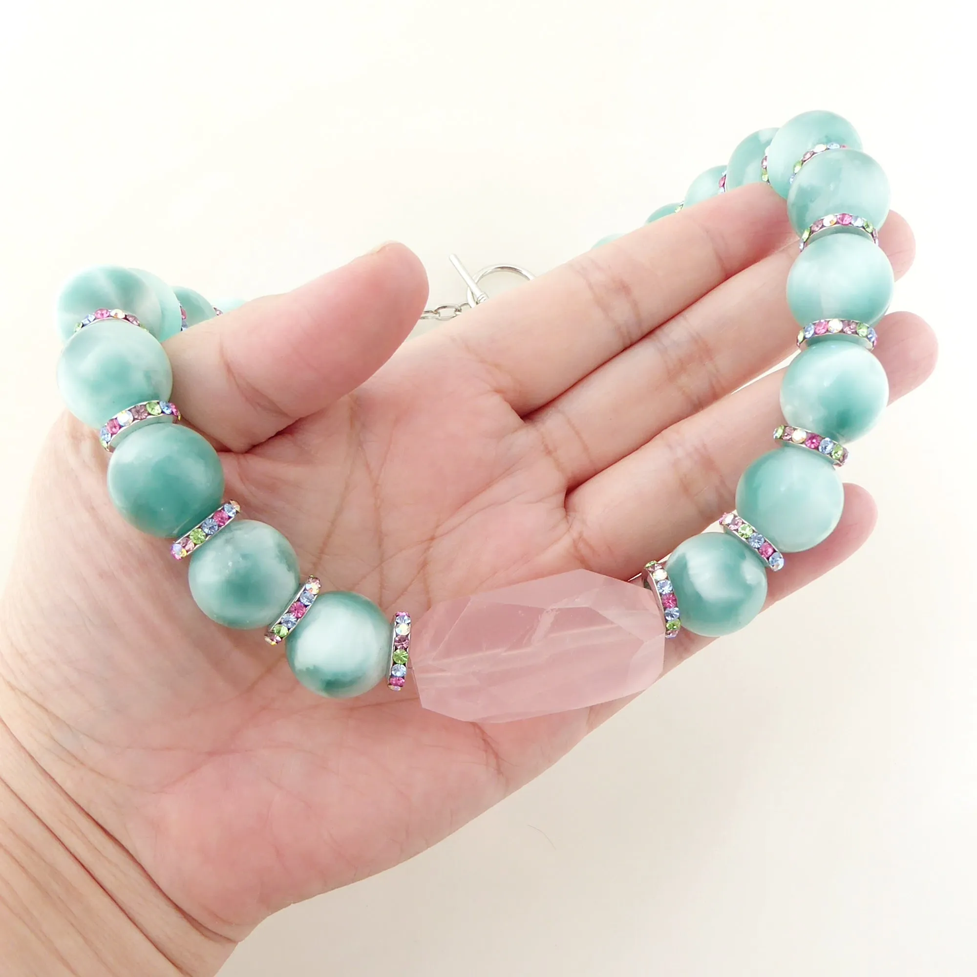 Green moonstone and rose quartz necklace