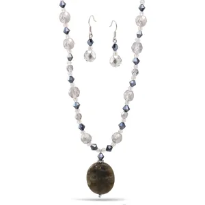 GREY NATURAL AGATE PENDANT  NECKLACE AND EARRINGS SET #S14669_RH_GRAY (IC22)