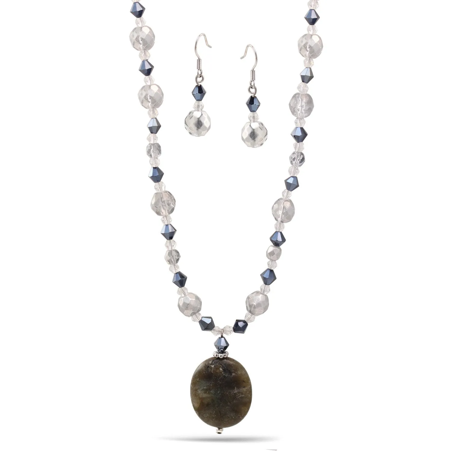 GREY NATURAL AGATE PENDANT  NECKLACE AND EARRINGS SET #S14669_RH_GRAY (IC22)
