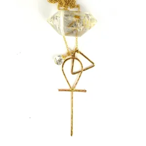 Hammered Geometric Ankh & Pyramid Pendant Necklace