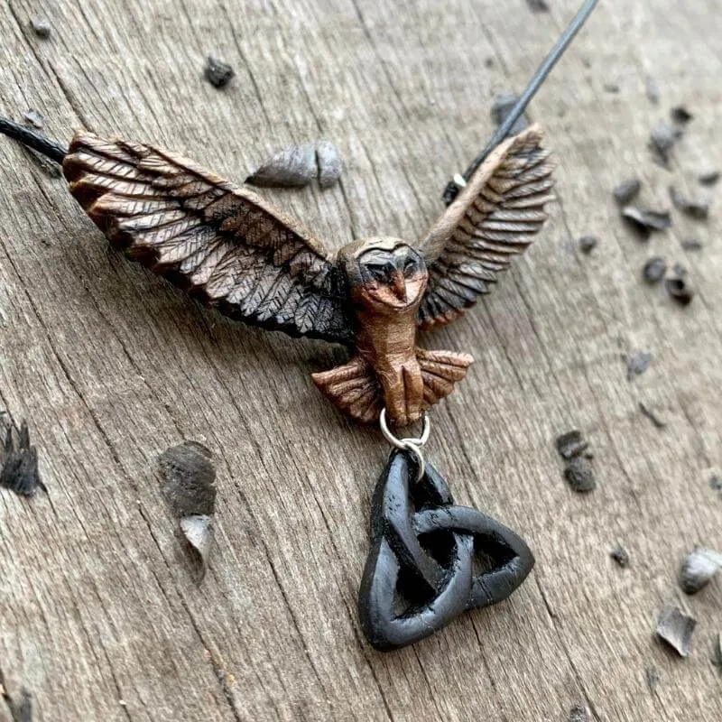 Handcarved Unique Mixed Wood Barn Owl and Triquetra Pendant
