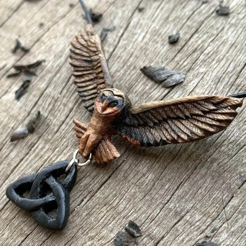 Handcarved Unique Mixed Wood Barn Owl and Triquetra Pendant