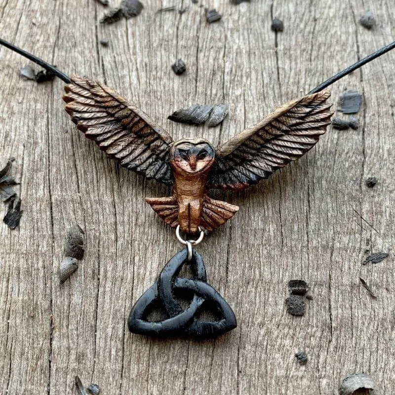 Handcarved Unique Mixed Wood Barn Owl and Triquetra Pendant