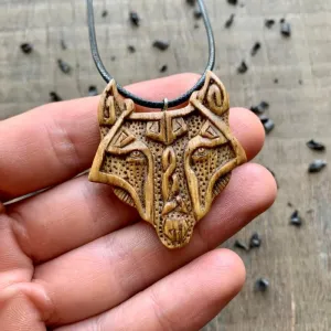 Handcarved Unique Oak Wood Fenrir Head Pendant