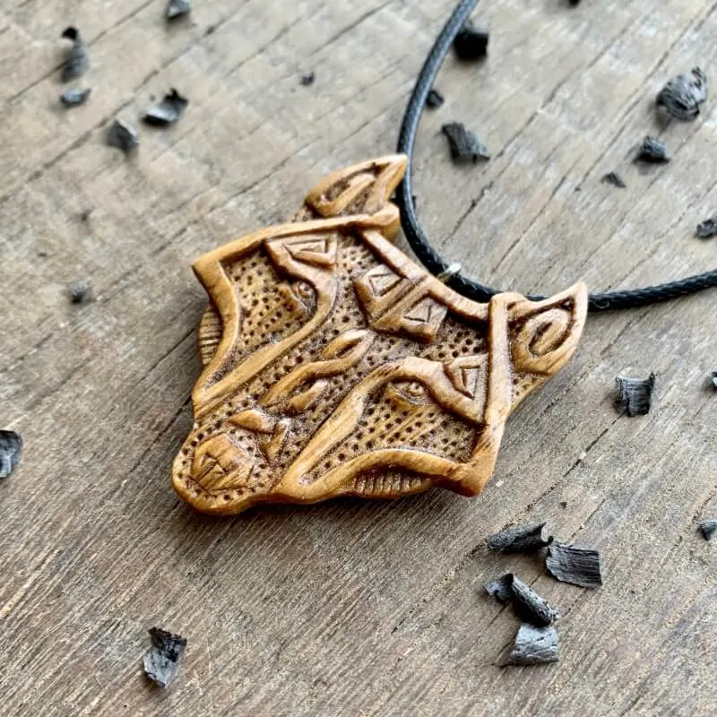 Handcarved Unique Oak Wood Fenrir Head Pendant