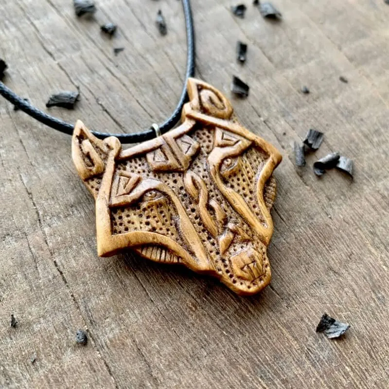 Handcarved Unique Oak Wood Fenrir Head Pendant