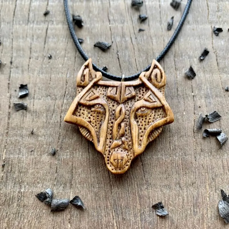 Handcarved Unique Oak Wood Fenrir Head Pendant