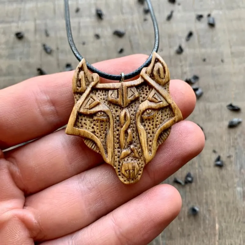Handcarved Unique Oak Wood Fenrir Head Pendant