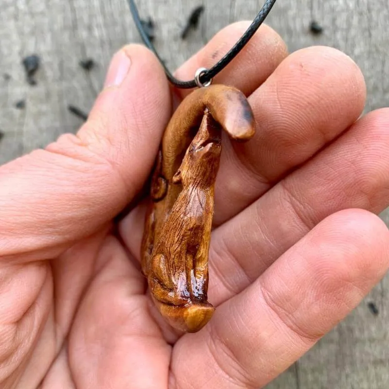 Handcarved Unique Plum Wood Celtic Wolf on Moon Pendant