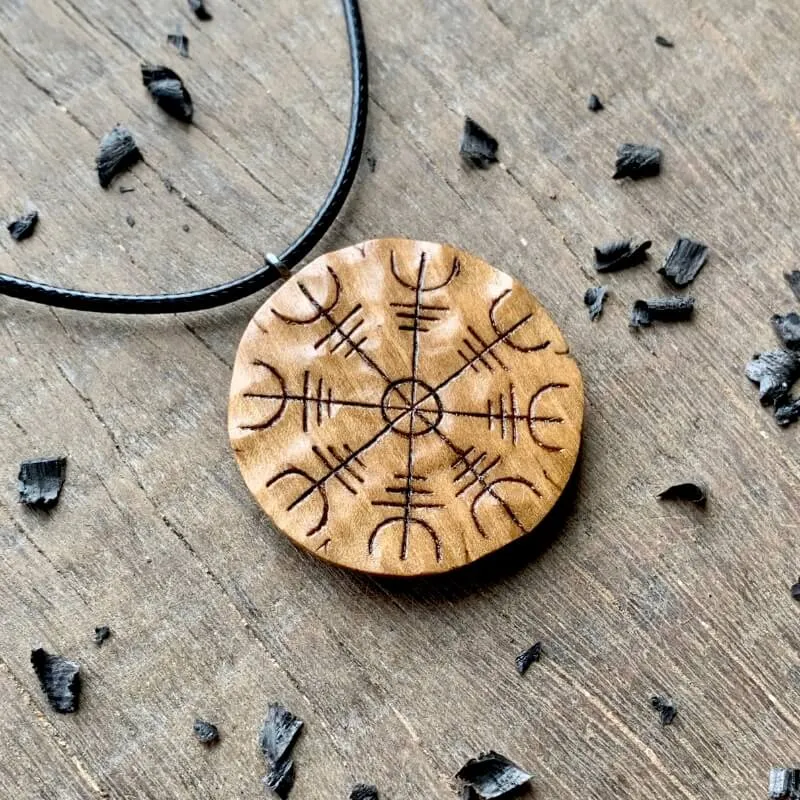 Handcarved Unique Walnut Wood Aegishjalmur Pendant