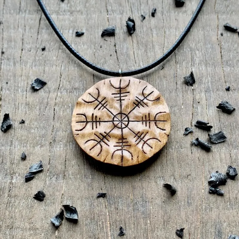 Handcarved Unique Walnut Wood Aegishjalmur Pendant