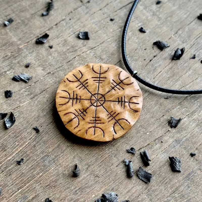 Handcarved Unique Walnut Wood Aegishjalmur Pendant