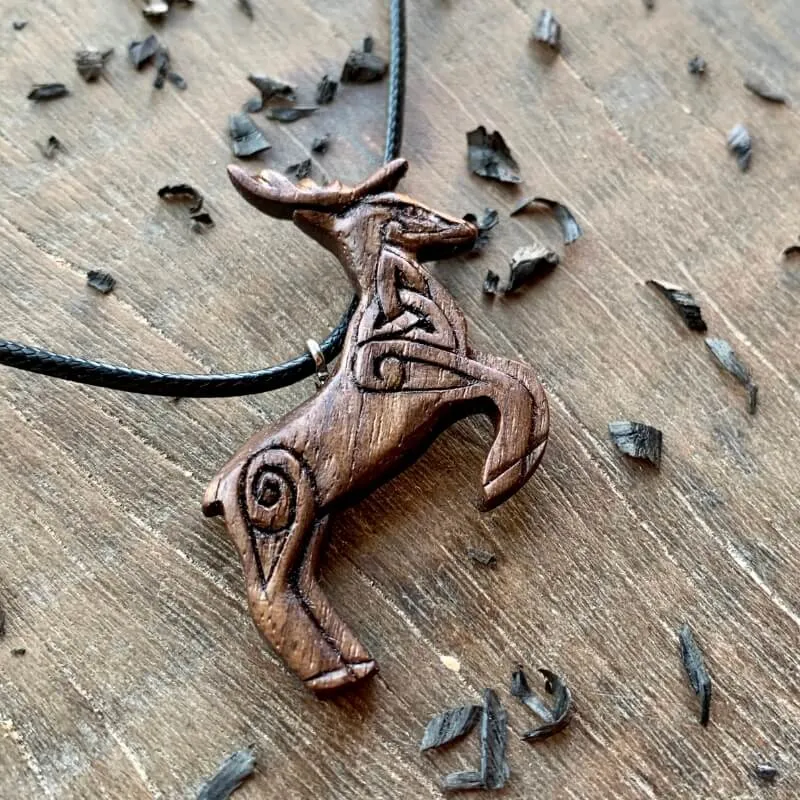 Handcarved Unique Walnut Wood Celtic Deer Pendant Style 2