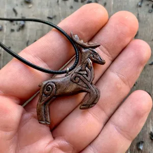 Handcarved Unique Walnut Wood Celtic Deer Pendant Style 2