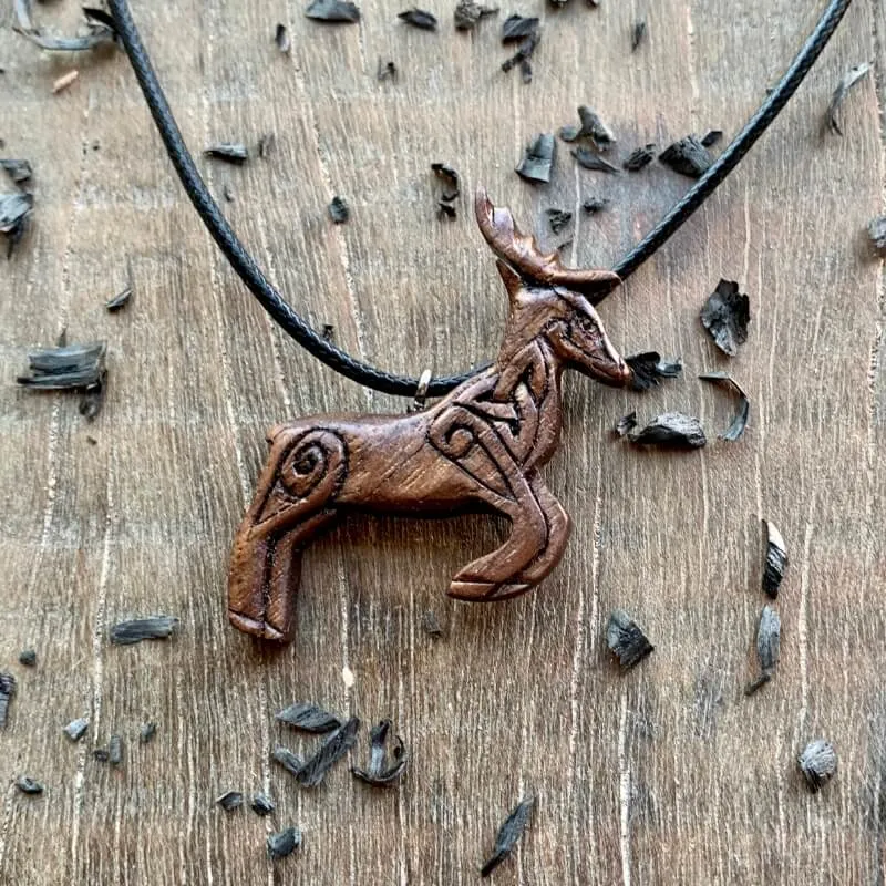 Handcarved Unique Walnut Wood Celtic Deer Pendant Style 2
