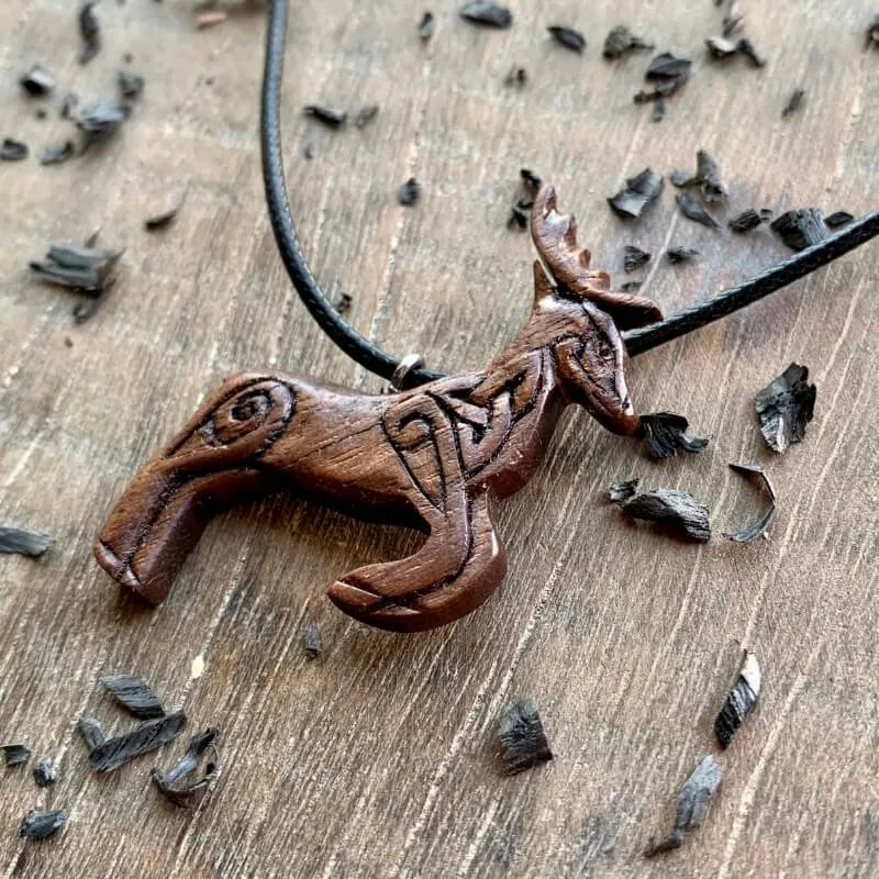 Handcarved Unique Walnut Wood Celtic Deer Pendant Style 2