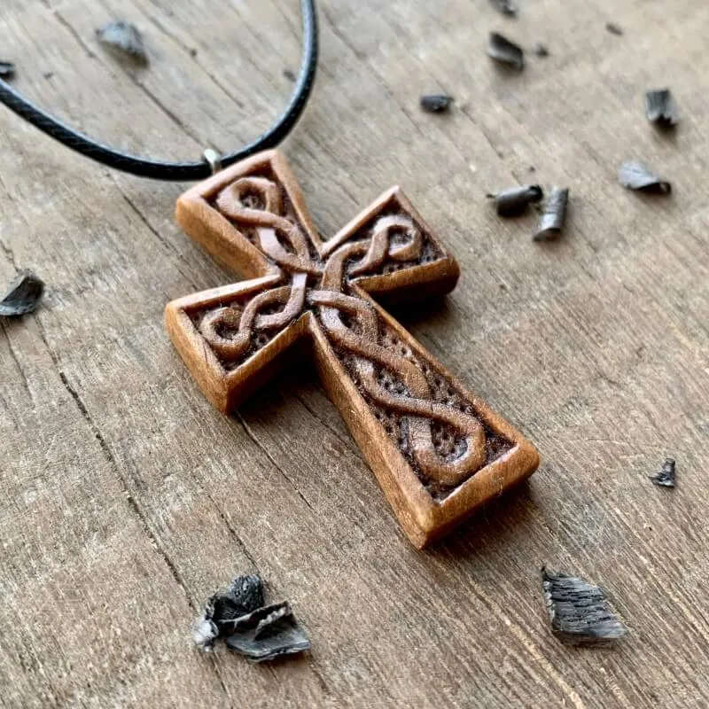Handcarved Unique Walnut Wood Celtic Knots Cross Pendant