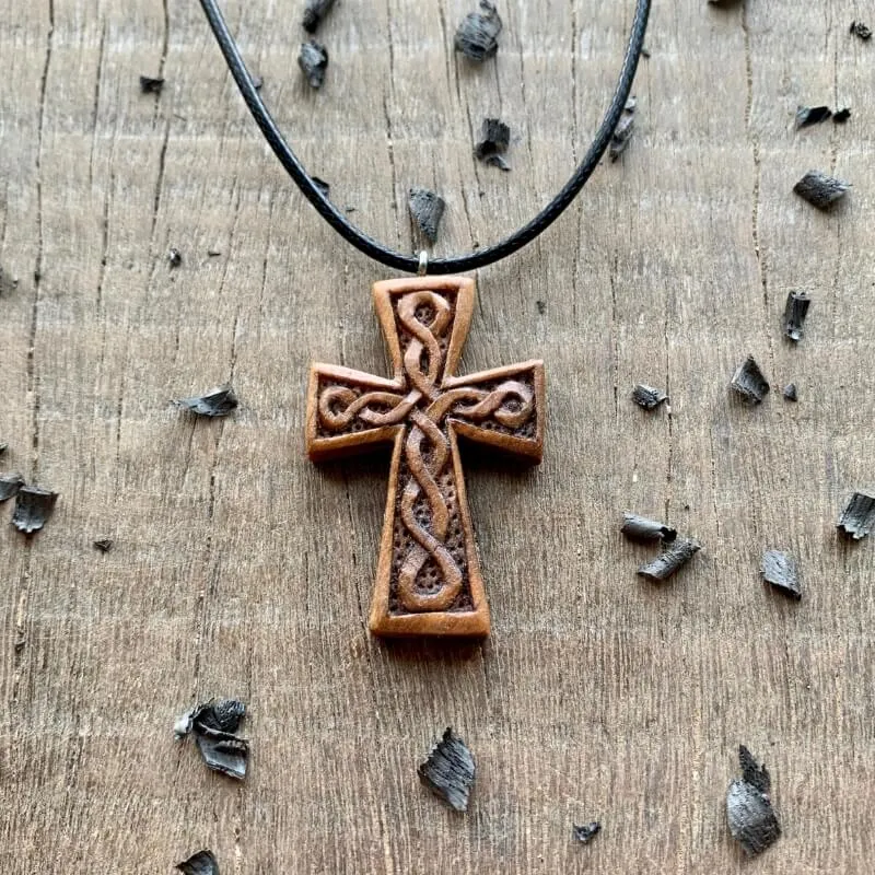 Handcarved Unique Walnut Wood Celtic Knots Cross Pendant