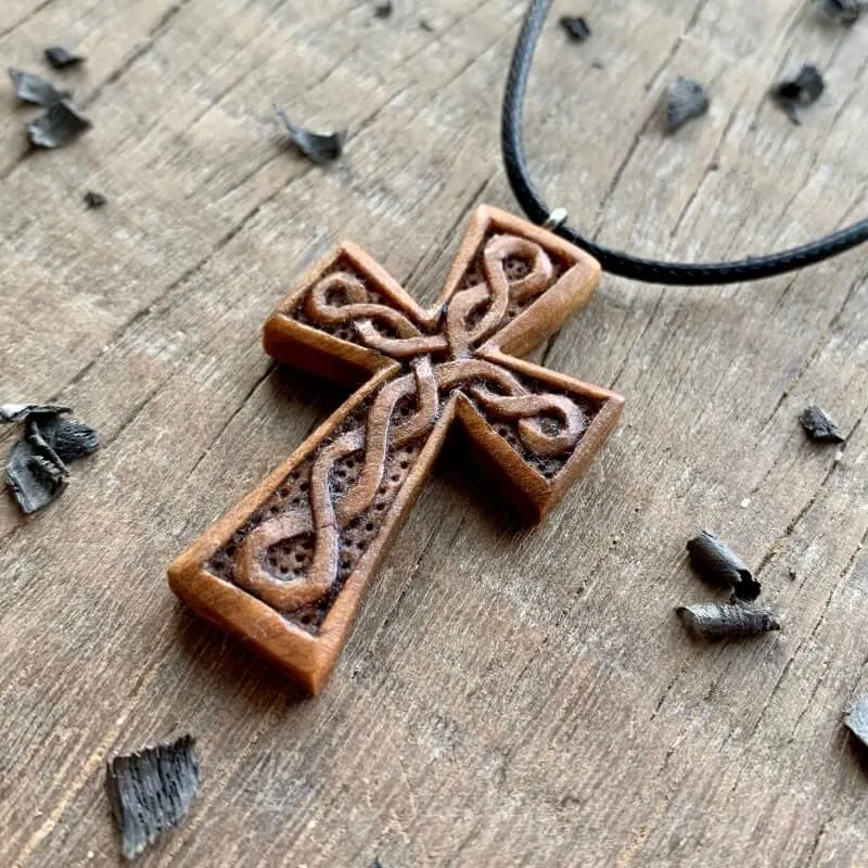 Handcarved Unique Walnut Wood Celtic Knots Cross Pendant