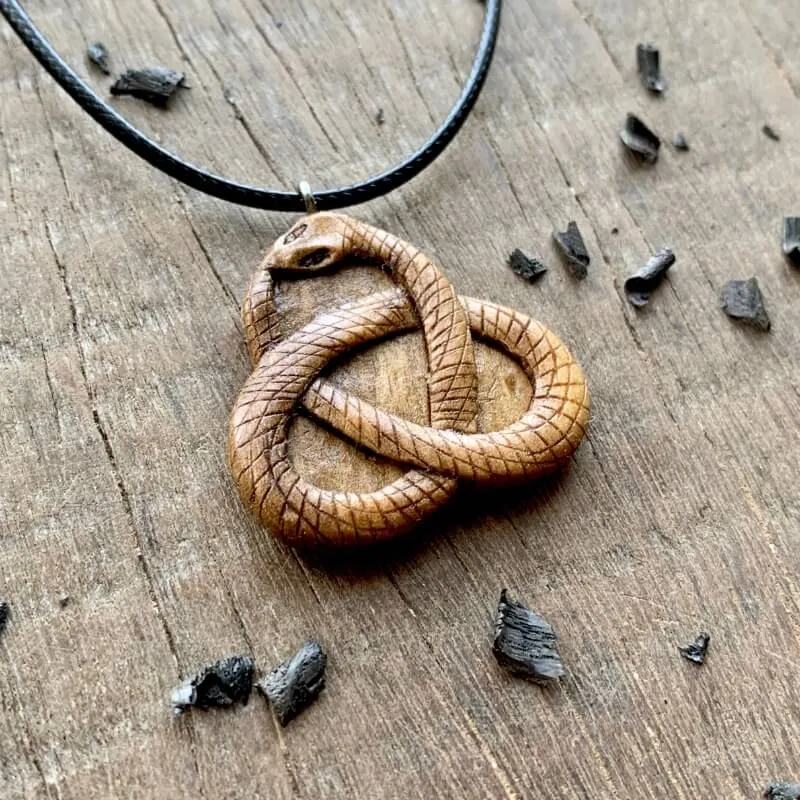 Handcarved Unique Walnut Wood Celtic Triquetra Uroboro Pendant