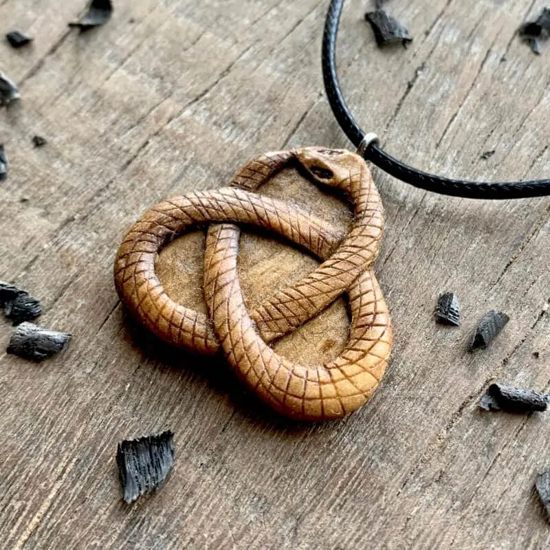 Handcarved Unique Walnut Wood Celtic Triquetra Uroboro Pendant