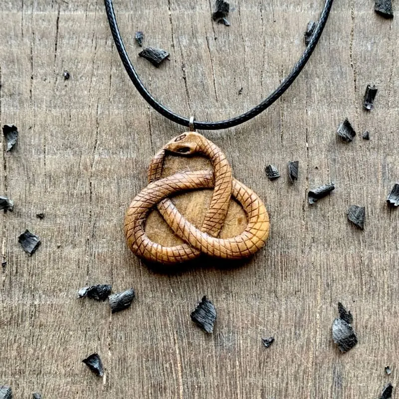 Handcarved Unique Walnut Wood Celtic Triquetra Uroboro Pendant