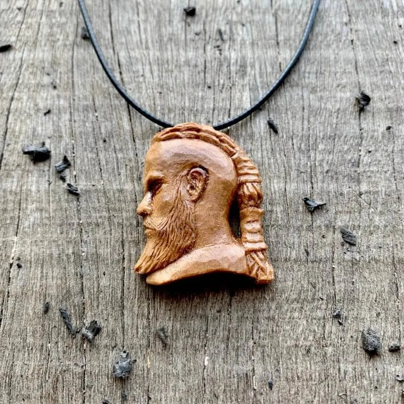 Handcarved Unique Walnut Wood Hand Carved Vikings Ragnar Profile Face Pendant