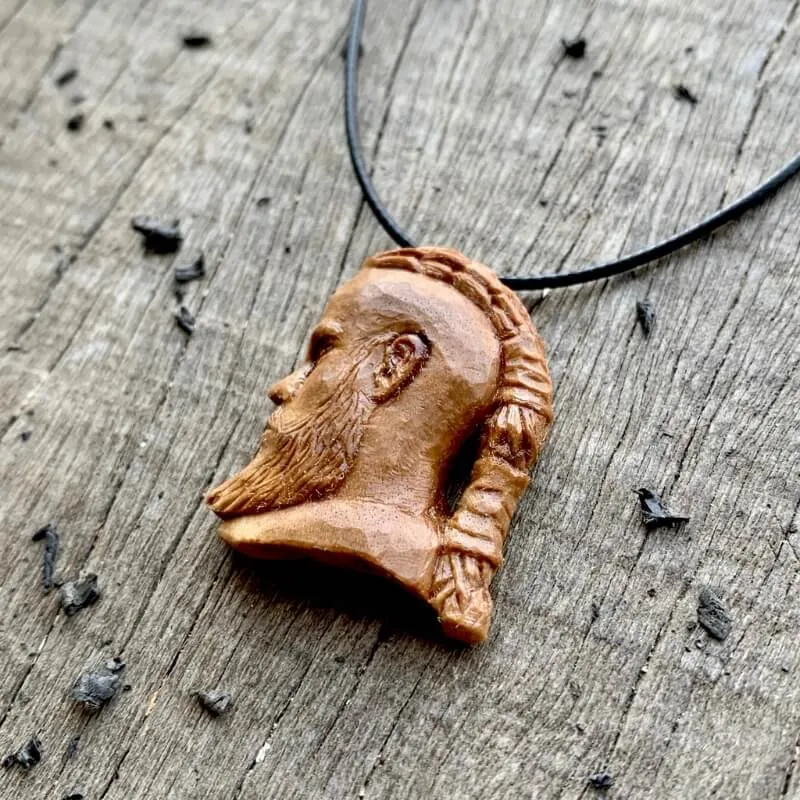 Handcarved Unique Walnut Wood Hand Carved Vikings Ragnar Profile Face Pendant