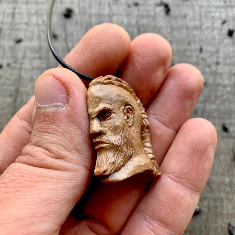 Handcarved Unique Walnut Wood Hand Carved Vikings Ragnar Profile Face Pendant