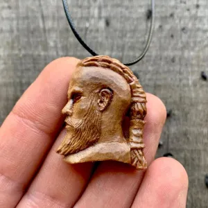 Handcarved Unique Walnut Wood Hand Carved Vikings Ragnar Profile Face Pendant