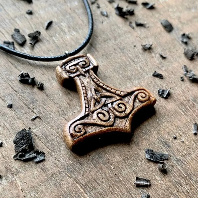 Handcarved Unique Walnut Wood Mjolnir Triquetra Pendant
