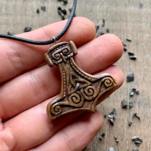 Handcarved Unique Walnut Wood Mjolnir Triquetra Pendant