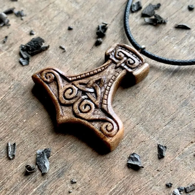 Handcarved Unique Walnut Wood Mjolnir Triquetra Pendant