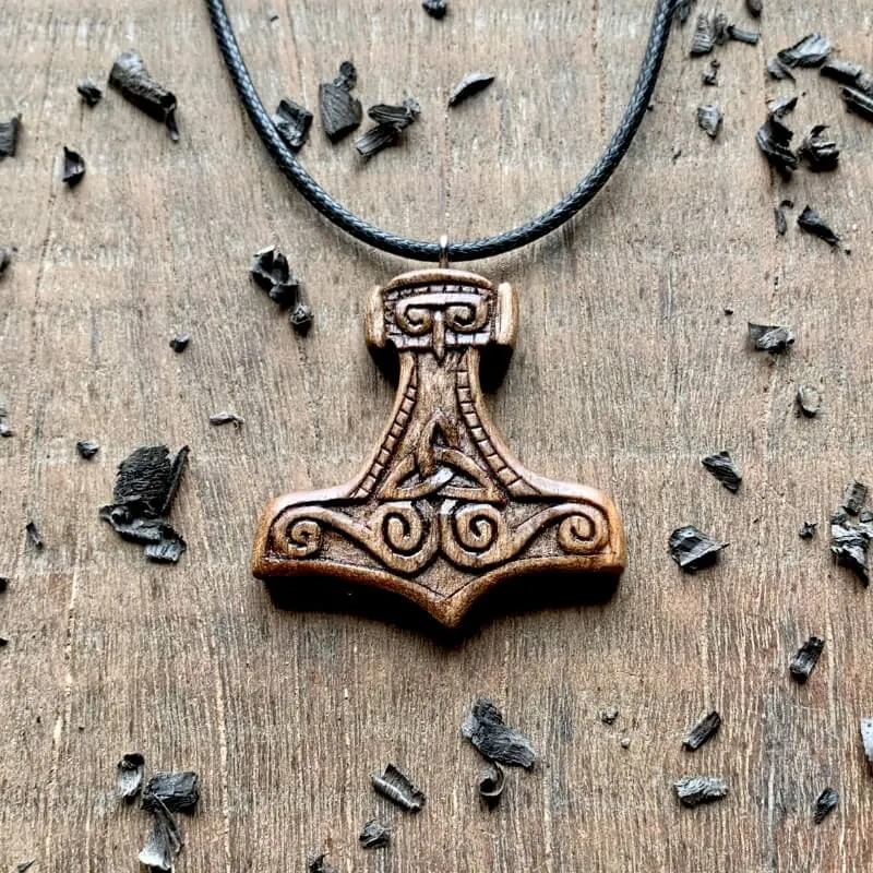 Handcarved Unique Walnut Wood Mjolnir Triquetra Pendant