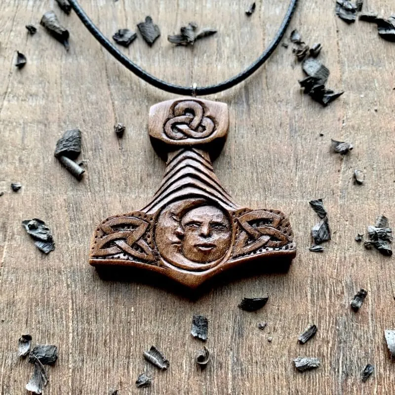 Handcarved Unique Walnut Wood Mjolnir With Sun And Moon Pendant