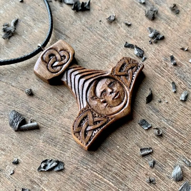 Handcarved Unique Walnut Wood Mjolnir With Sun And Moon Pendant