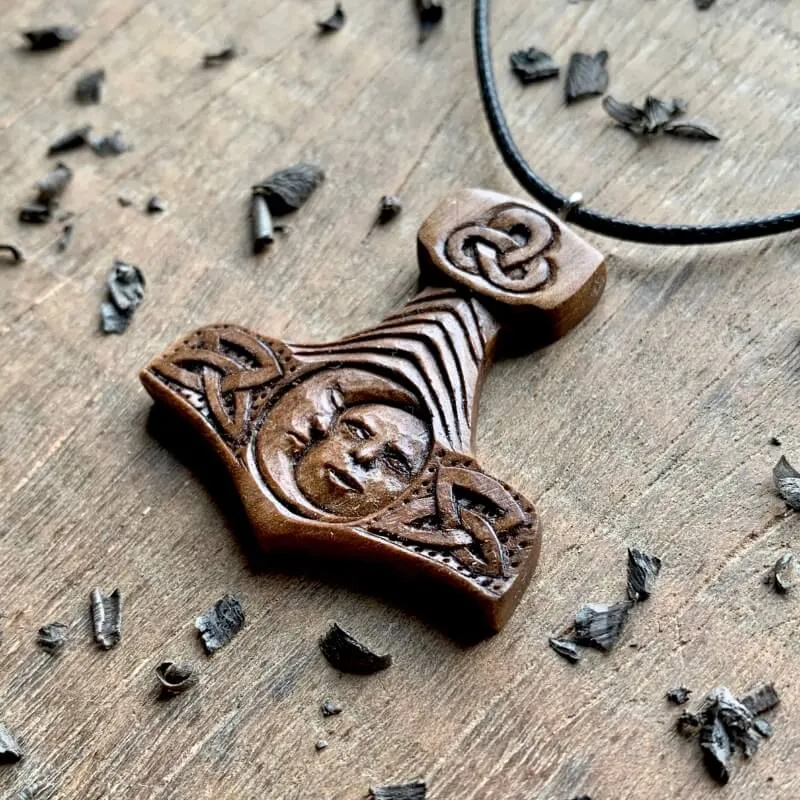 Handcarved Unique Walnut Wood Mjolnir With Sun And Moon Pendant
