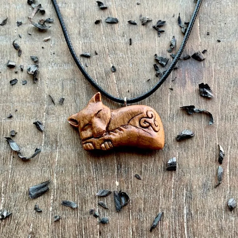 Handcarved Unique Walnut Wood Sleeping Fox Triskelion Pendant