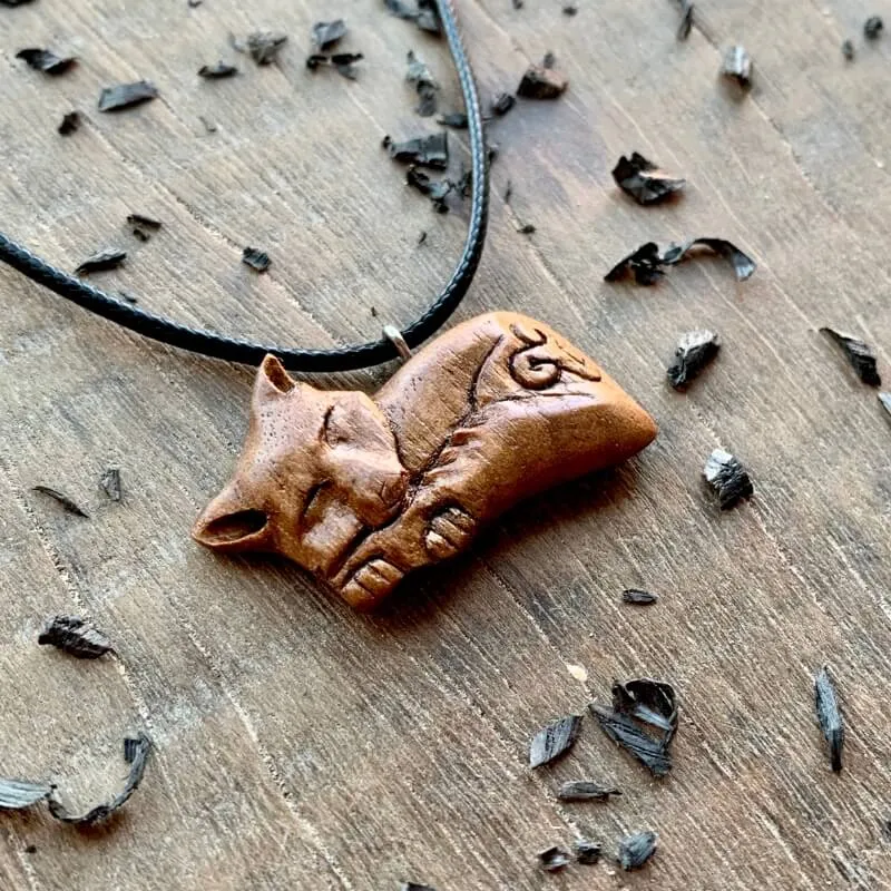 Handcarved Unique Walnut Wood Sleeping Fox Triskelion Pendant