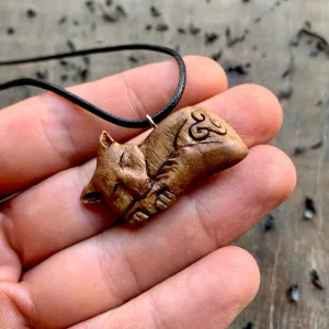 Handcarved Unique Walnut Wood Sleeping Fox Triskelion Pendant