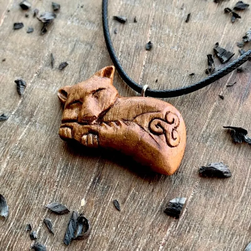 Handcarved Unique Walnut Wood Sleeping Fox Triskelion Pendant