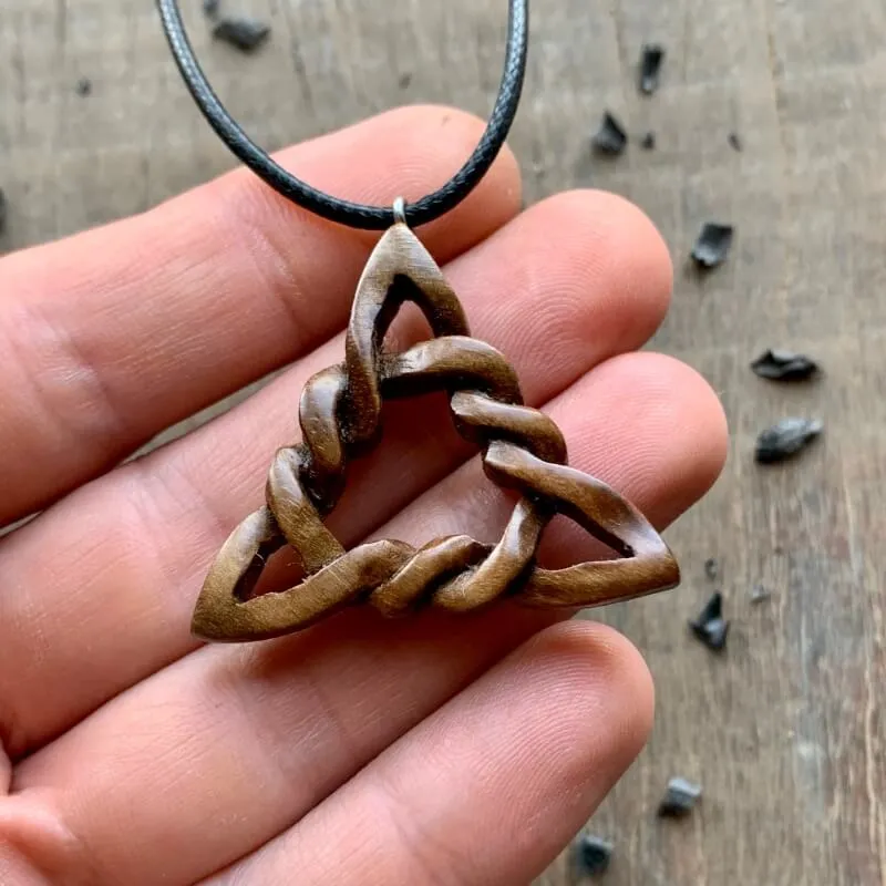 Handcarved Unique Walnut Wood Triquetra Pendant 3D Version Pendant